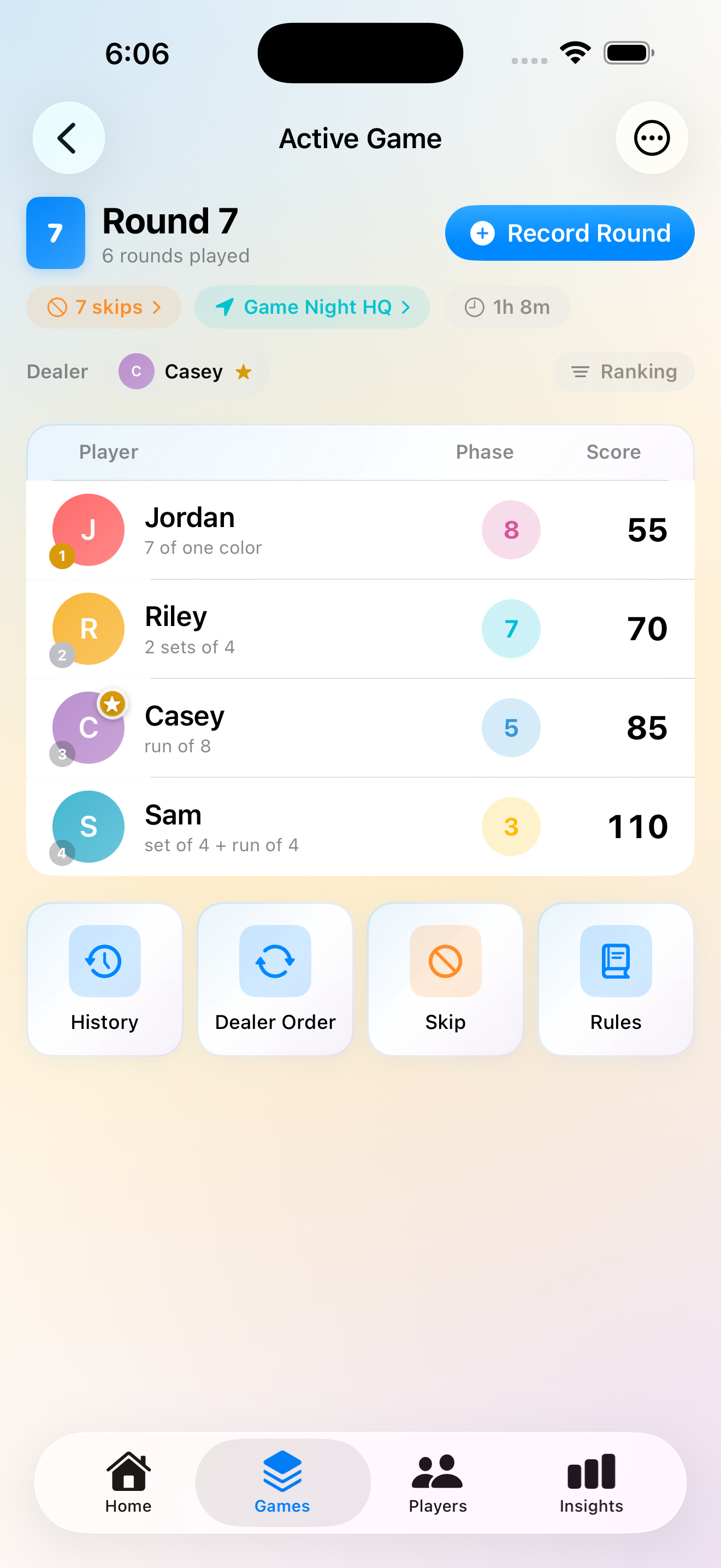 Active game screen with live player rankings