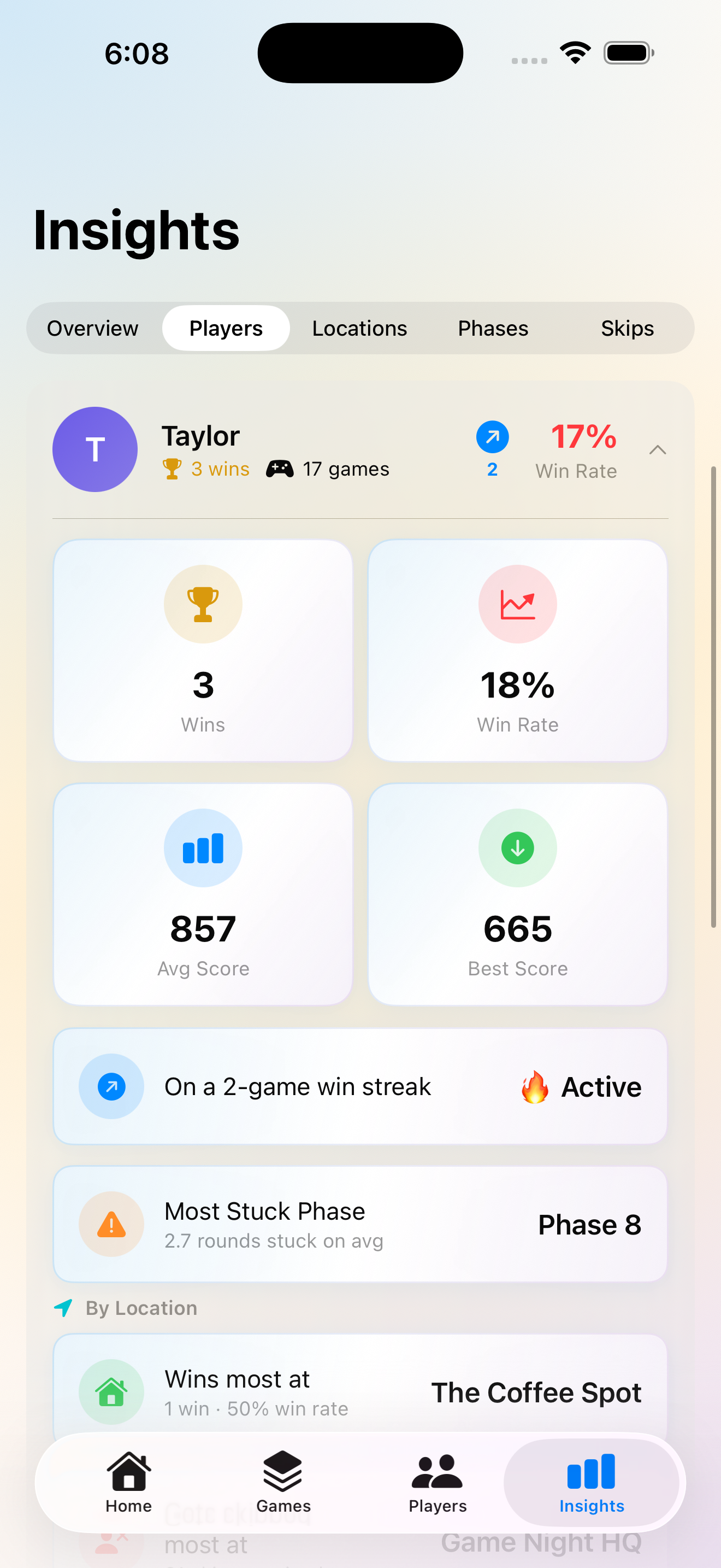 Insights screen showing player stats and win trends